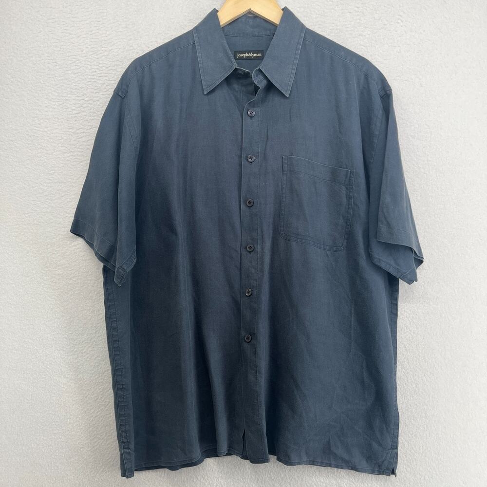 JOSEPH & LYMAN Shirt Mens L Linen Camp Woven Button Up Short Sleeve Camp Blue